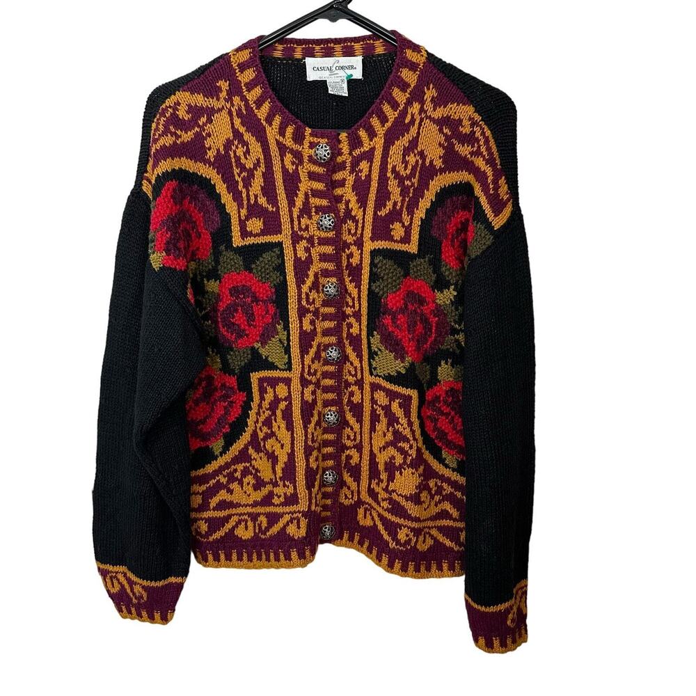 Vintage Sweater 1993 Casual Corner Chunky Cardigan Y2K Floral Ramie‎ Cotton M